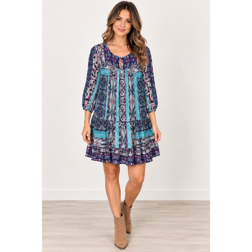Lucky Brand Paisley Mini Dress Women's Small Purple Boho Tiered Rayon Shift